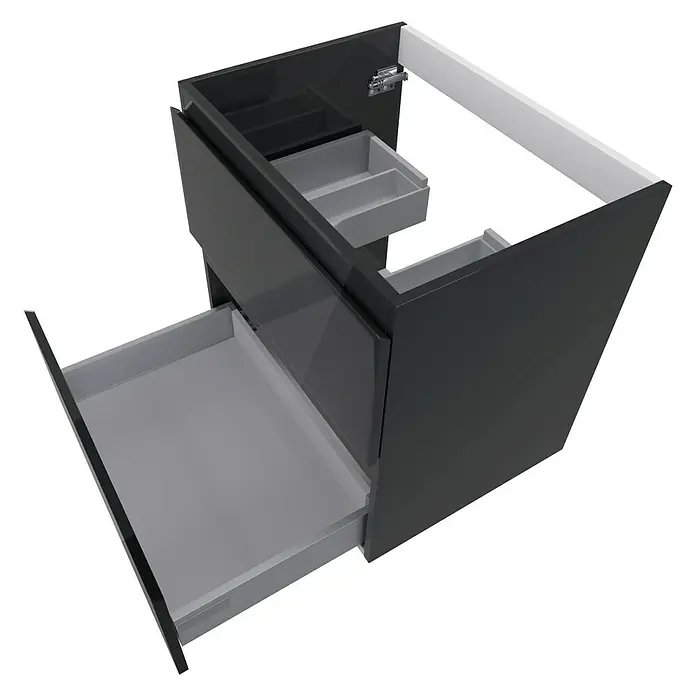 Camargue Espacio Waschtischunterschrank - 60 x 46 x 60 cm, 2 Schubkästen, Gama anthrazit glänzend - Moderner schwarzer Waschtischunterschrank mit offenen Schubladen für einen stilvollen Badezimmerlook.