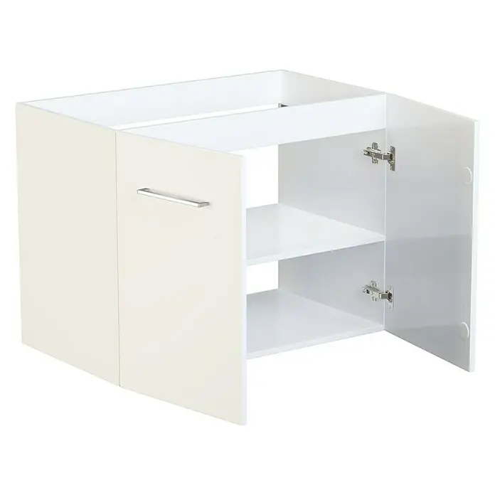 Camargue Espacio Waschtischunterschrank - 80 x 46 x 60 cm, 1 Einlegeboden, Mira - Ein weißer Badunterschrank mit offenen Türen und Regalen. Der Schrank ist modern und funktional gestaltet und bietet Stauraum im Badezimmer.