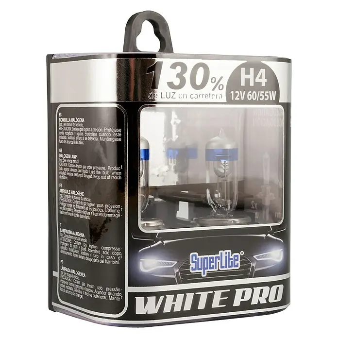 Bombilla para faro delantero BOM12701 - 12 V, 2 ud., Blanco - Embalaje de la bombilla halógena SuperLite White Pro H4, que proporciona un 130% más de luz.