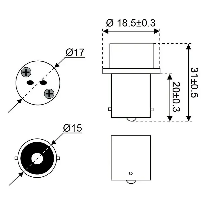 Talamex Sockeladapter für Boote - Sockel: BA15s auf G4 - Produktzeichnung einer Glühbirne mit Maßangaben zu Durchmesser und Länge für technische Dokumentationen.