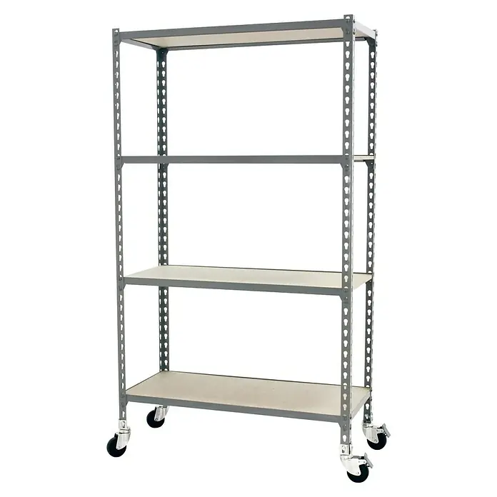 Simonrack Maderclick Estantería metálica Mobile Mini - Al x An x Pr: 150 x 80 x 30 cm, Número de baldas: 4 ud., Inserción, Gris - Imagen de una estantería metálica gris con cuatro estantes y ruedas, ideal para almacenamiento y organización.