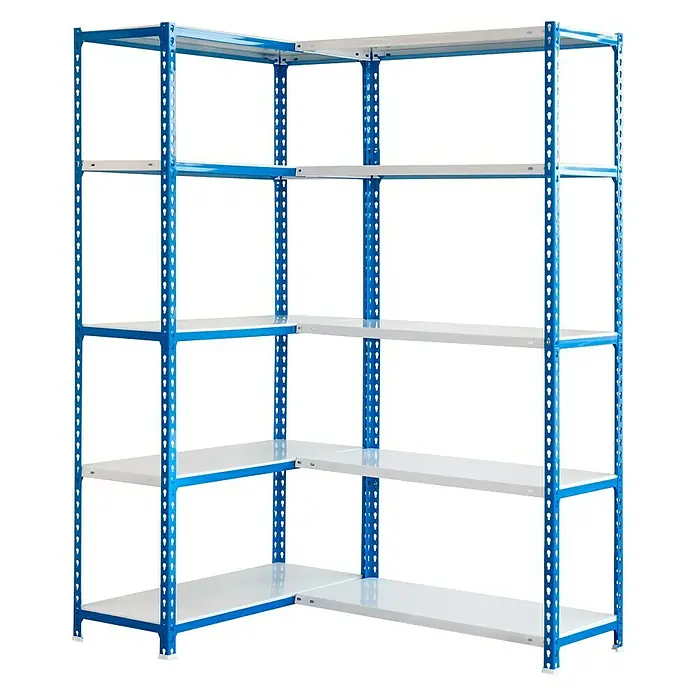 Simonrack Simonclick Estante rinconero Simoncorner - Al x An x Pr: 180 x 100 x 40 cm, Capacidad de carga por balda: 80 kg, Número de baldas: 10 ud., Inserción, Azul/Blanco - Una estantería esquinera azul y blanca con múltiples niveles. Ideal para guardar y organizar objetos en la oficina o el almacén.