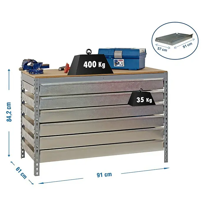 Simonrack Simonwork Banco de trabajo BT5 Box - L x An: 61 x 91 cm, Altura de trabajo: 84,2 cm, Carga soportada: 610 kg, Gris - Imagen del producto de un banco de trabajo con cajones, cargado con pesos de 400 kg y 35 kg, se muestran las dimensiones.