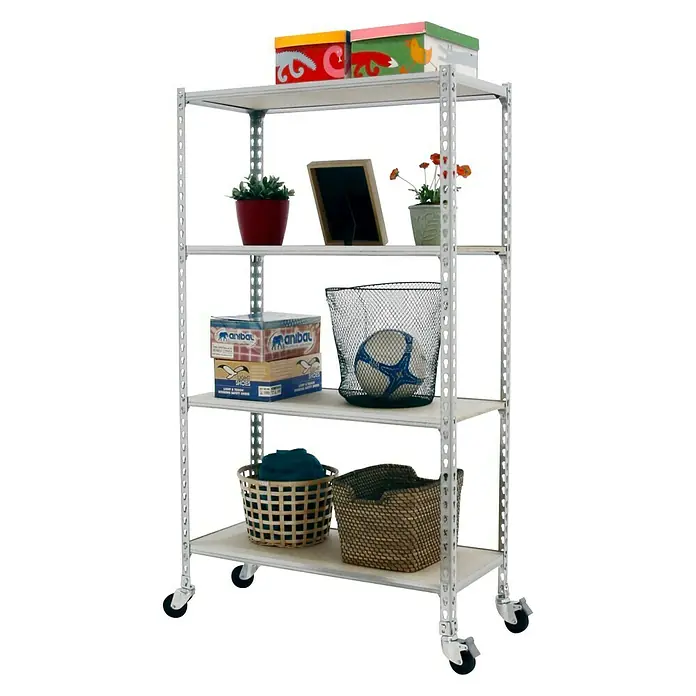 Simonrack Maderclick Estantería metálica Mobile Superplus - Al x An x Pr: 150 x 110 x 30 cm, Número de baldas: 4 ud., Inserción, Galvanizado - La imagen muestra una estantería metálica blanca con cuatro estantes, decorada con varios objetos como plantas, cajas y cestas.
