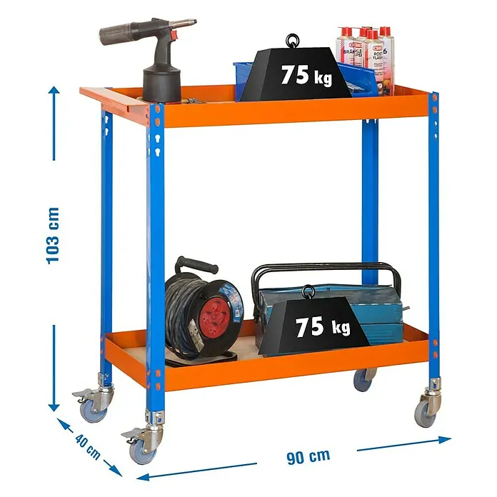Simonrack Simonwork Werkstattrollwagen Wagon - Metall, Orange/Blau - Bild eines Werkstattwagens in Orange und Blau mit Werkzeugen und Gewichten.