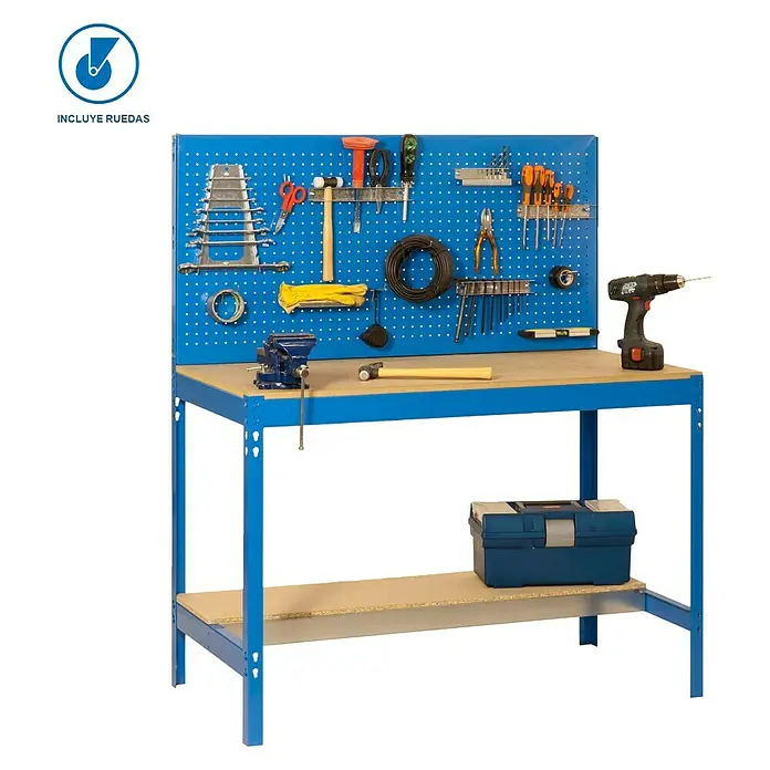 Simonrack Simonwork Banco de trabajo BT2 Mobile - L x An: 61 x 151 cm, Altura de trabajo: 144,5 cm, Carga soportada: 120 kg, Azul - Banco de trabajo con herramientas en un panel perforado, incluyendo una caja de herramientas en el estante inferior.
