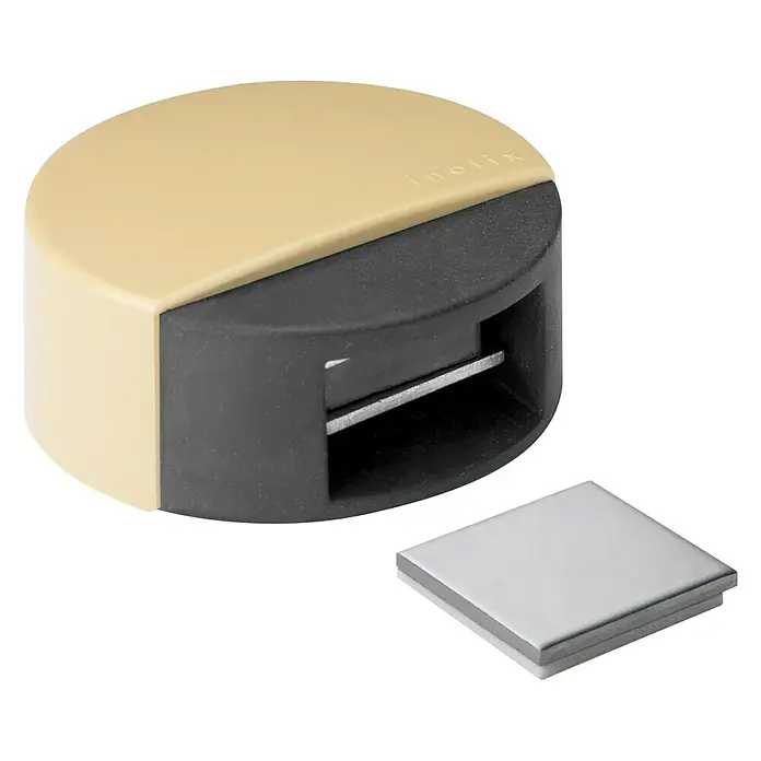 Inofix Tope de puerta 2037 - Acero inoxidable, Beige - Tope de puerta magnético redondo y bicolor, con placa metálica plateada para una fácil fijación a la puerta.