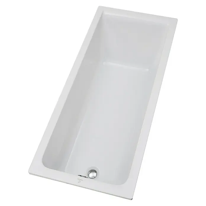 Camargue Badewanne Orlando - 160 x 70 cm, Sanitäracryl, Weiß - Weisse Badewanne aus glänzendem Material mit einem silbernen Abfluss in der linken unteren Ecke. Die Badewanne hat eine rechteckige Form.