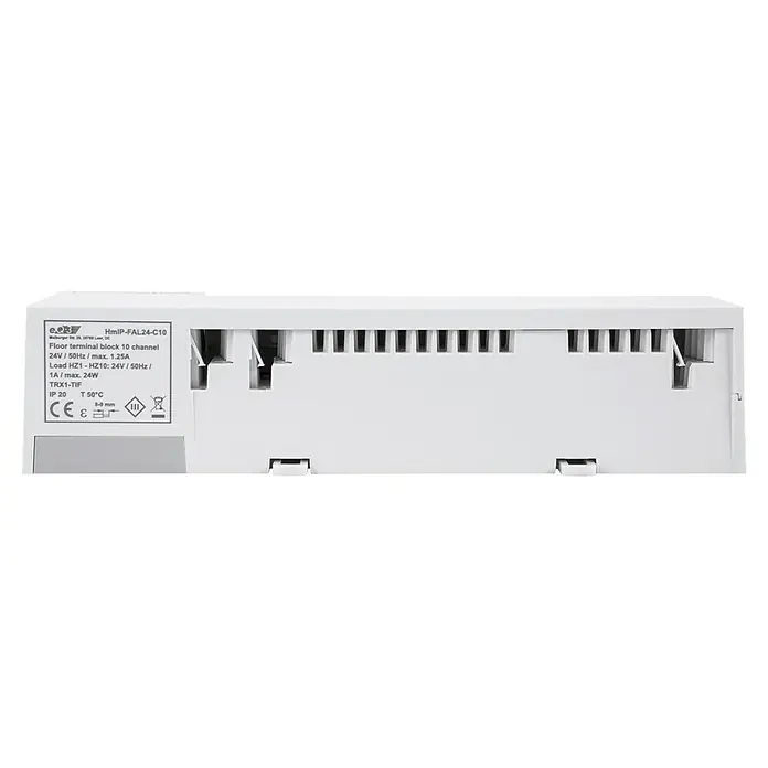 Homematic IP Fußbodenheizungsregler HmIP-FAL230-C10 - 52 x 225 x 75 mm, Funk, 230 V - Nahaufnahme des HmIP-FAL24-C10, ein 10-Kanal-Fußbodenheizungsaktor mit technischen Daten und Zertifizierungen.
