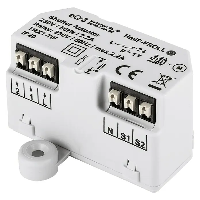 Homematic IP Rollladenschalter HmIP-FROLL - Unterputz, 54 x 41 x 33 mm, Funk - Nahaufnahme eines eQ-3 HmIP-FROLL Rollladenaktor, der für 230V/50Hz/2.2A ausgelegt ist, mit sichtbaren Anschlüssen und CE-Kennzeichnung.