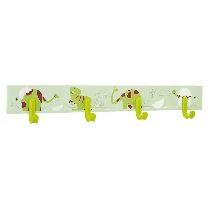 Inofix Perchero 3706 - L x An x Al: 488 x 8 x 48 cm, Madera, Verde - Un perchero decorativo de dinosaurios con cuatro ganchos, ideal para añadir diversión y organización a la habitación de los niños.