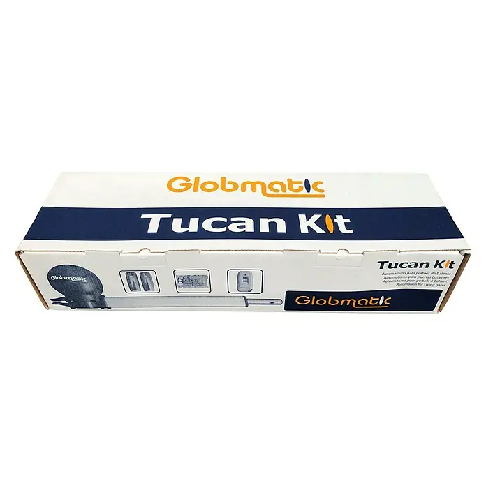 Wismar-NFI Drehtorantrieb Tucan - Geeignet für: Zweiflügelige Drehtore, Max. Torflügelbreite: 2 x 2,5 m - Die Globmatic Tucan Kit-Verpackung, eine Automatisierungslösung für Drehtore, ist hier abgebildet.