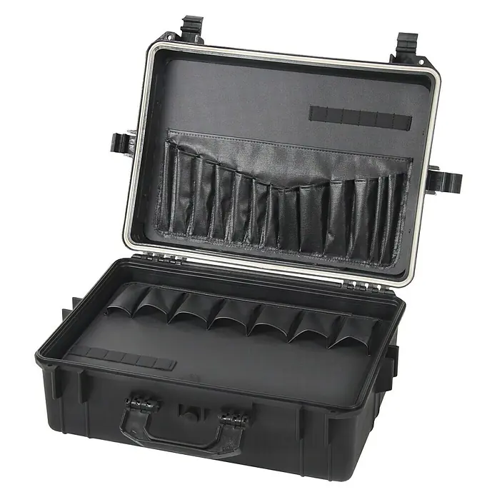 Hepco & Becker Werkzeugkoffer Solid 5625 - L x B x H: 435 x 515 x 225 mm - Geöffneter, schwarzer Werkzeugkoffer mit Fächern zur Aufbewahrung verschiedener Werkzeuge. Ideal für Profis, die Ordnung und Schutz benötigen.