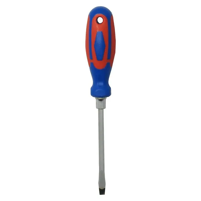 Connex Destornillador CPT311100 - SL 5,5 mm, Longitud de la hoja: 100 mm - Primer plano de un destornillador plano con mango azul y rojo y hoja plateada, ideal para proyectos de bricolaje y reparaciones.