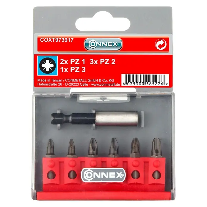 Connex Set de puntas COXT973917 - 7 pzs. - Juego de puntas de destornillador ONNEX que consta de varios tamaños: 2x PZ 1, 3x PZ 2 y 1x PZ 3, incluyendo portabrocas.