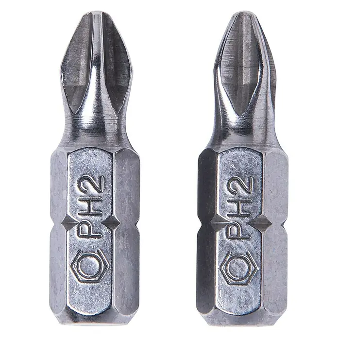 Connex Punta COXT973303 - PH 3, 25 mm - Primer plano de dos puntas de metal PH2 Phillips para destornillador, utilizadas para tareas de atornillado.