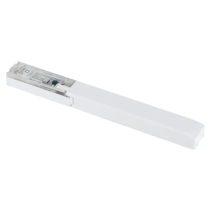 Homematic IP Fenster- & Türsensor HmIP-SWDO-I - Weiß, 19 x 166,5 x 12,5 mm, Batteriebetrieben - Nahaufnahme eines weißen Fenster- oder Türsensors mit transparentem Oberteil, der ein minimalistisches Design für die Hausautomation zeigt.