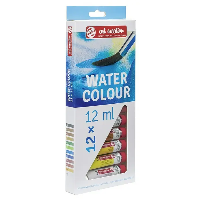 Talens Art Creation Set de acuarelas - Multicolor, 12 ud. x 12 ml, Tubo - Un paquete de acuarelas "Talens Art Creation" con 12 godets de 12 ml cada uno, ideal para proyectos de arte y artistas aficionados.