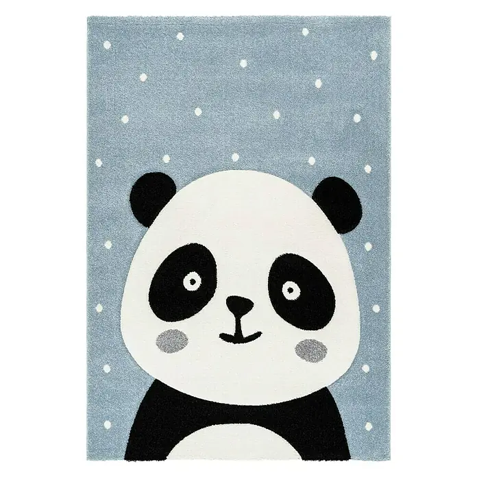 Kayoom Kinderteppich Panda - Blau, 150 x 80 cm, 100 % Polypropylen - Niedlicher Panda-Teppich mit Tupfenmuster, ideal für Kinderzimmer oder Spielbereiche, der eine verspielte und kinderfreundliche Atmosphäre schafft.