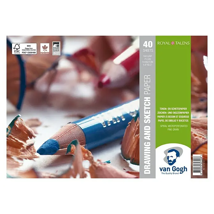 Talens Van Gogh Bloc para esbozos y dibujo - 160 g/m² - Papel de dibujo y bocetos Van Gogh, 40 hojas. Ideal para artistas. El papel es libre de ácido y microperforado para fácil desgarro.