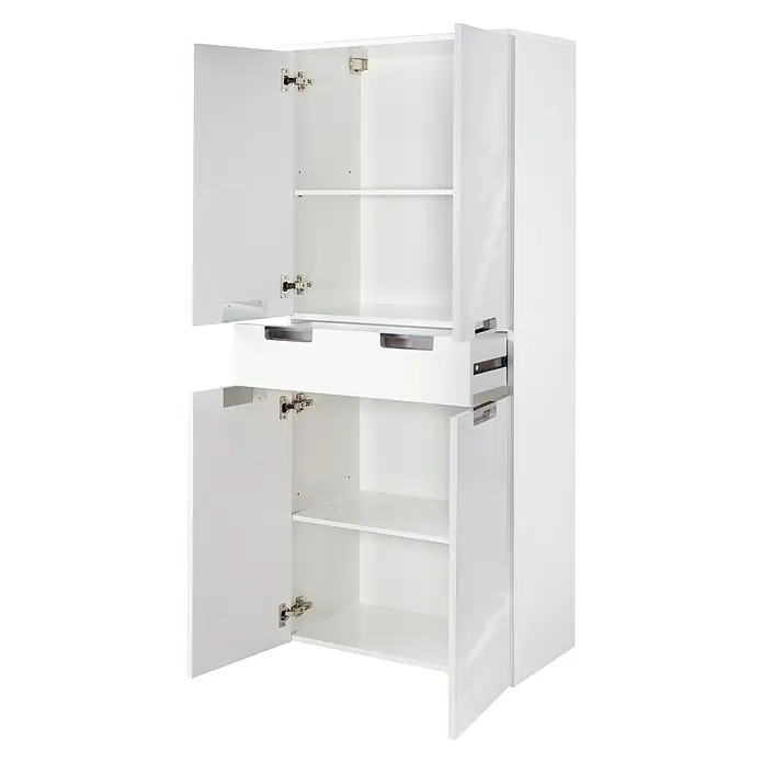 Schildmeyer Sunny Hochschrank - 65 x 35 x 159 cm, Weiß glänzend - Aufnahme eines offenen weißen Badezimmerschranks mit verstellbaren Regalböden und einer Schublade zur Aufbewahrung von Badezimmerutensilien.