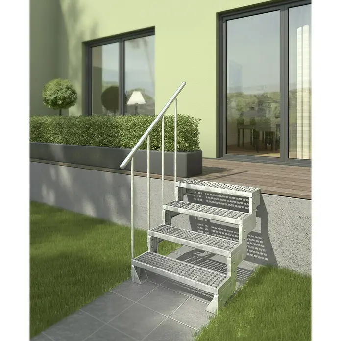 Dolle Außentreppe Gardentop - Gitterroststufen, Feuerverzinkte Geländerstäbe, Breite: 80 cm, Anzahl Stufen: 4 Stk., Geschosshöhe: 72 cm - 88 cm - Bild einer Außentreppe aus Metall mit Handlauf, die zu einer erhöhten Terrasse führt. Ideal für den Garten.