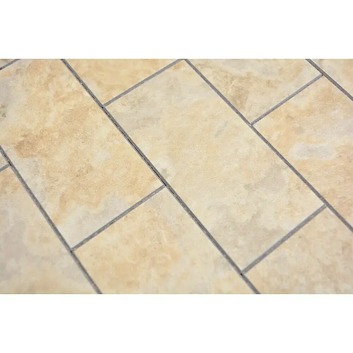 Selbstklebemosaik SAM 4SW14LB - 29,5 x 29 cm, Beige, Matt - Nahaufnahme von beigen Keramikfliesen mit dunklen Fugen, die ein modernes und stilvolles Bodenmuster bilden.