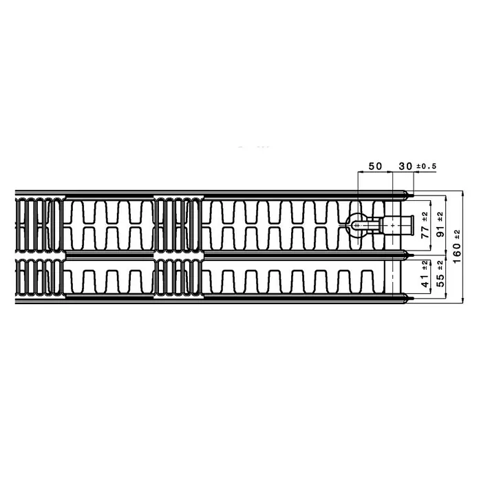 Flachheizkörper - B x H: 800 x 300 mm, Wärmeleistung bei Vorlauftemperatur von 75 °C (D: 50): 1.010 W, Typ Heizkörper: 33 - Abbildung eines Heizkörpers mit Maßangaben für Design- und Installationsdetails, inklusive Höhen- und Breitenangaben.