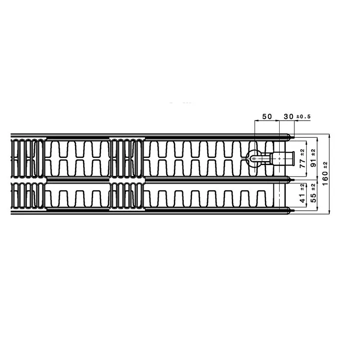 Flachheizkörper - B x H: 1.200 x 400 mm, Wärmeleistung bei Vorlauftemperatur von 75 °C (D: 50): 1.937 W, Typ Heizkörper: 33 - Detailaufnahme einer Heizkörper-Konstruktionszeichnung mit präzisen Maßangaben für Installation und Design.