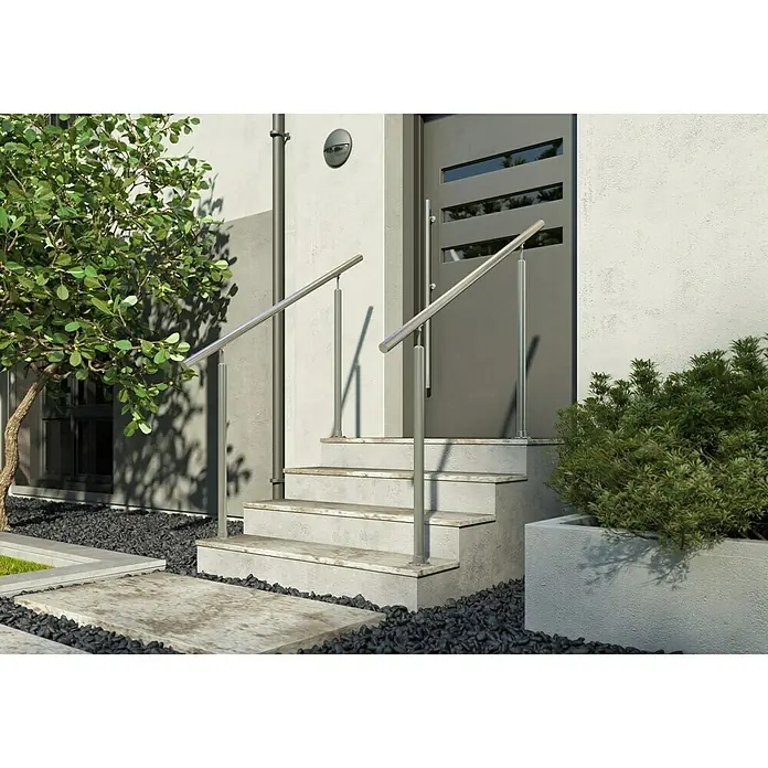 Dolle Geländer-Set PS 512 - Oberbodenmontage, Edelstahl V2A, Länge: 150 cm - Ein modernes Haus mit einer stilvollen Außentreppe und eleganten Edelstahlhandläufen, die für Sicherheit und ein zeitgemäßes Design sorgen.