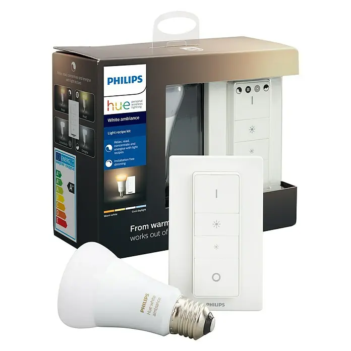 Philips Hue Bombilla LED con mando a distancia - E27, Intensidad regulable, Blanco cálido, 806 lm, 8,5 W - Kit de inicio Philips Hue White Ambiance con interruptor de regulación y bombilla para iluminación personalizada.