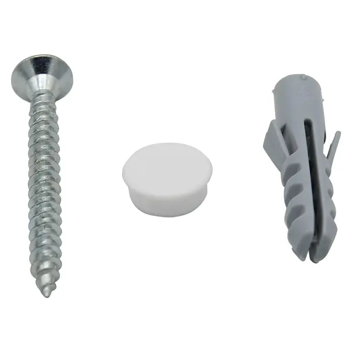Expo Ambiente Schrauben-Set - Geeignet für: Vorhangschienen, Metall - Nahaufnahme eines Sets mit Schraube, Schraubenkappe und Dübel, ideal für Befestigungen.