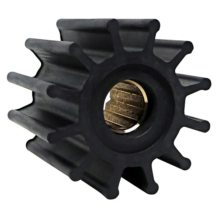 Albin Pump Impeller PN 06-01-014 - Ø x L: 57 x 48,2 mm, Wellendurchmesser: 16 mm - Eine schwarze Wasserpumpe mit goldenem Inneren. Die Pumpe hat mehrere Flügel und eine runde Öffnung in der Mitte.
