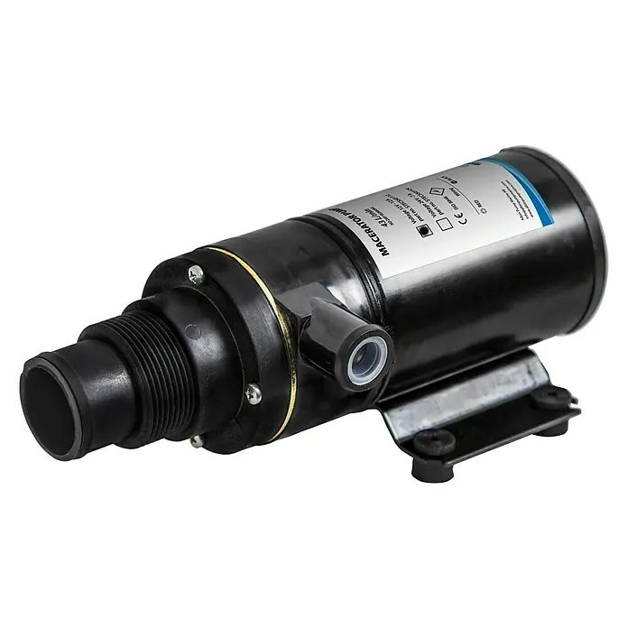 Albin Pump Pumpe - Spannung: 12 V, Max. Fördermenge: 43 l/min - Hier ist eine schwarze Fäkalienpumpe mit Anschlüssen und einer Montagehalterung, ideal für den Marineeinsatz, für effiziente Abwasserentsorgung.