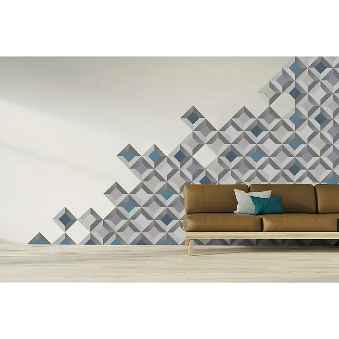 Cenefa para baldosas Trapecio - 20 x 20 cm, Multicolor - Elegante sala de estar con sofá de cuero marrón y una pared decorativa 3D, que añade un toque moderno al espacio.