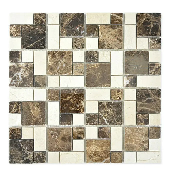 Mosaikfliese Mix Emperador XNM MC739 - 30,5 x 30,5 cm, Beige/Braun, Glänzend - Ein quadratisches Mosaikmuster aus braunem Marmor und cremefarbenen Steinen, ideal für stilvolle Wand- und Bodengestaltung.