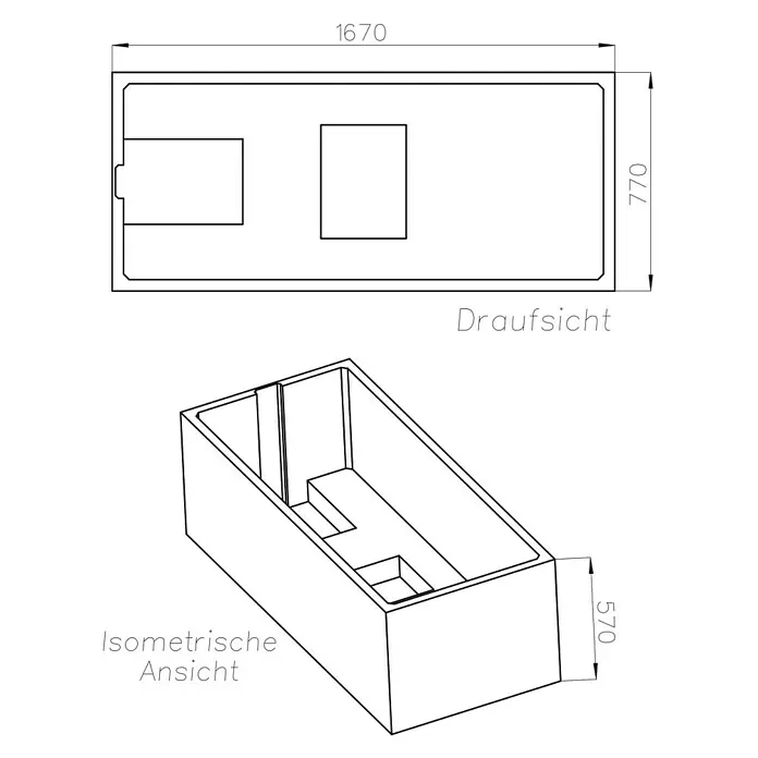Ottofond Wannenträger Domingo - Passend für: Badewanne Domingo 170 x 80 cm - Technische Zeichnung einer Badewanne mit den Maßen 1670x770x570 mm in Draufsicht und isometrischer Ansicht.