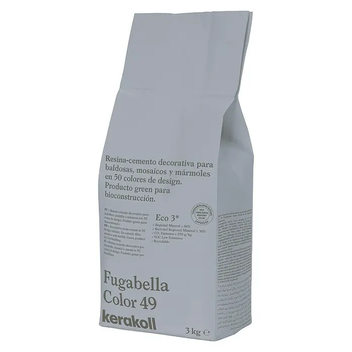 Kerakoll Mortero para juntas - cemento Fugabella - Color: 49, 3 kg - Imagen de un saco de Fugabella Color 49, un resina-cemento decorativo para baldosas, mosaicos y mármoles, conocido por sus propiedades verdes.
