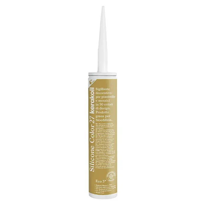 Kerakoll Silicona universal Color - Tono de color: 27, 310 ml - Imagen de un tubo de Kerakoll Silicone Color 27, un sellador decorativo para azulejos y mosaicos, que se muestra en dorado.