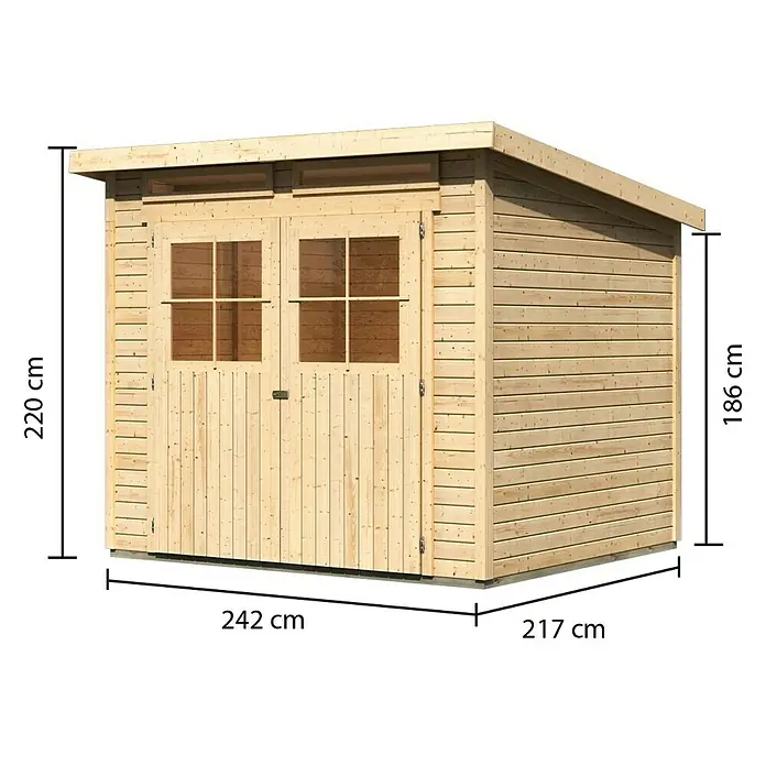 Karibu Gartenhaus Glücksburg - Außenmaß inkl. Dachüberstand (B x T): 267 x 236 cm, Holz, Natur, Grundfläche: 5,07 m² - Abbildung eines Holzschuppens mit den Maßen 242 cm x 217 cm und einer Höhe von 220 cm bzw. 186 cm auf der Seite.