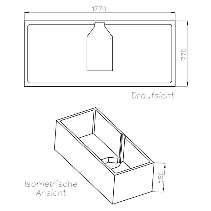 Ottofond Badewannenträger Santos Duo - Passend für: Badewanne Santos Duo 180 x 80 cm - Technische Zeichnung einer Badewanne mit den Maßen 1770 x 770 x 580 mm. Draufsicht und isometrische Ansicht für Planungszwecke.