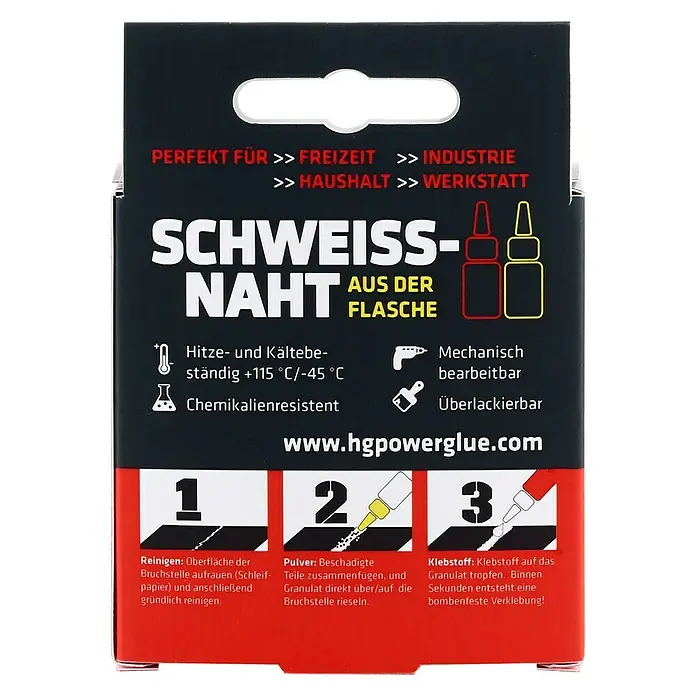 HG Power Glue Kleber-Set Klebstoff und Granulat - 15 g, 2 -tlg., Flasche - Verpackung der HG Power Glue Schweißnaht aus der Flasche, geeignet für Freizeit, Haushalt, Industrie und Werkstatt.