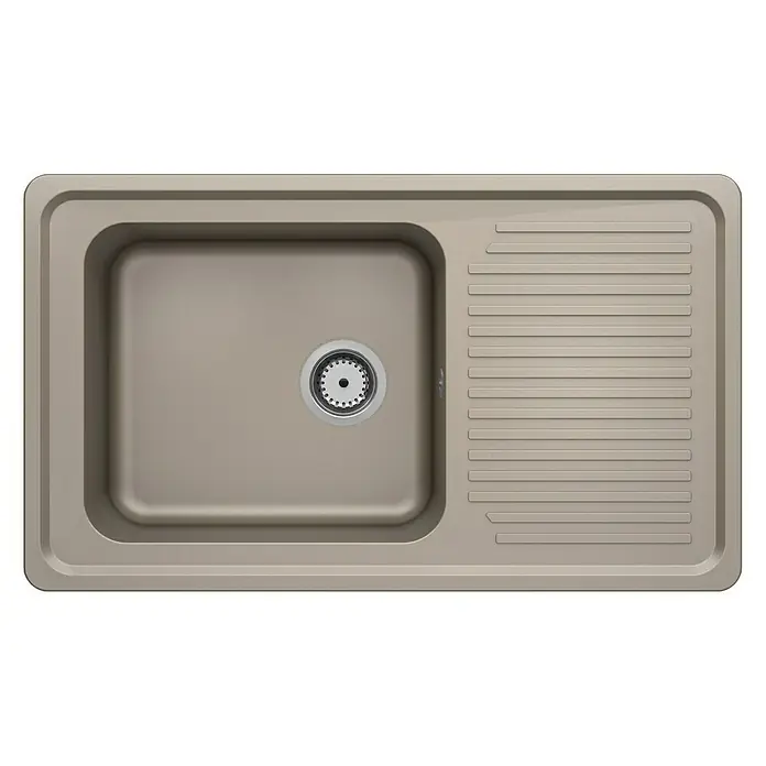 Carea Fregadero encastrable Venus - 86 x 50 cm, Material: CAREAlith®, Taupe - Primer plano de un moderno fregadero de cocina beige con escurridor, que muestra una adición elegante y funcional a cualquier espacio de cocina.