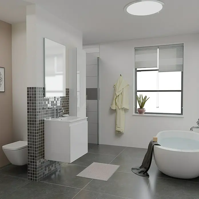 Camargue Espacio Badmöbel-Set i3 - 100 cm, Gama weiß glänzend - Ein modernes Badezimmer mit weißem Waschtisch, ovaler Badewanne und grauen Fliesen bietet eine stilvolle und entspannende Atmosphäre.