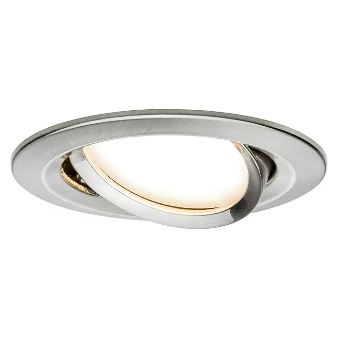 Paulmann Nova LED-Einbauleuchte - 6,5 W, Eisen gebürstet, Warmweiß, Gesamtstückzahl: 1 Stk. - Nahaufnahme einer runden Deckenleuchte mit verstellbarem, gebürstetem Nickelrahmen und warmweißem Licht.