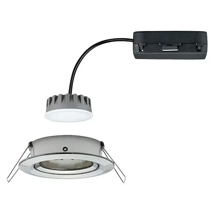 Paulmann Downlight empotrable LED redondo Nova Plus Coin - 6,8 W, Ø x Al: 8,4 x 4,5 cm, Hierro cepillado, Blanco cálido - Componentes de un downlight LED empotrable: módulo LED gris, caja de conexión negra y carcasa metálica plateada.