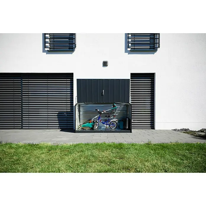 Trimetals Garten-Aufbewahrungsbox Storeguard - Anthrazit, Stahl - Abbildung eines Gerätehauses mit Rasenmäher und Fahrrad. Ideal zur wettergeschützten Aufbewahrung von Gartengeräten und Fahrrädern.