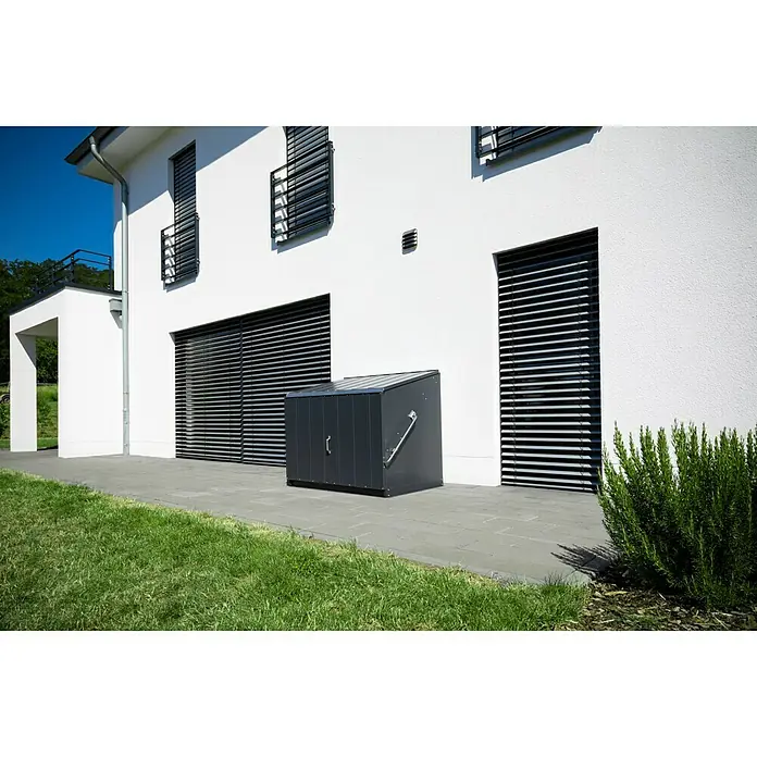Trimetals Garten-Aufbewahrungsbox Stowaway - Anthrazit, Stahl - Die moderne Gerätebox aus Metall bietet praktischen Stauraum im Außenbereich und passt perfekt zur Hausfassade.