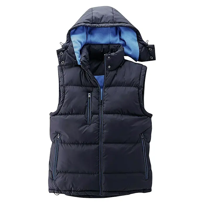 HD Concept Thermoweste - Schwarz/Blau, L - Marineblaue Steppweste mit Kapuze und Reißverschlusstaschen. Ideal für zusätzlichen Komfort und Wärme an kälteren Tagen.