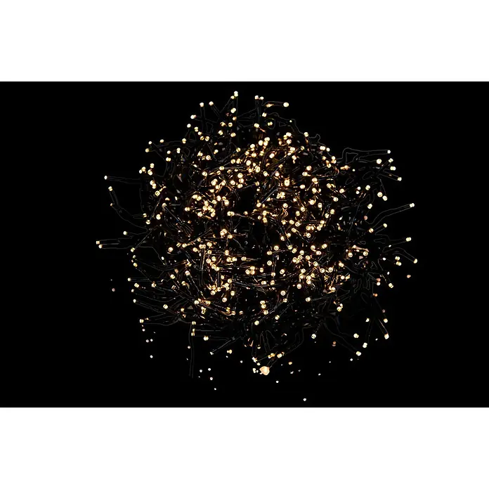 Tween Light Cadena de luces LED - Para exterior, Largo: 12,4 m, 1.000 ud., Funcionamiento en red - Primer plano de una cadena de luces decorativa con LEDs blancos cálidos sobre cables delgados y oscuros, formando una esfera luminosa sobre fondo negro.